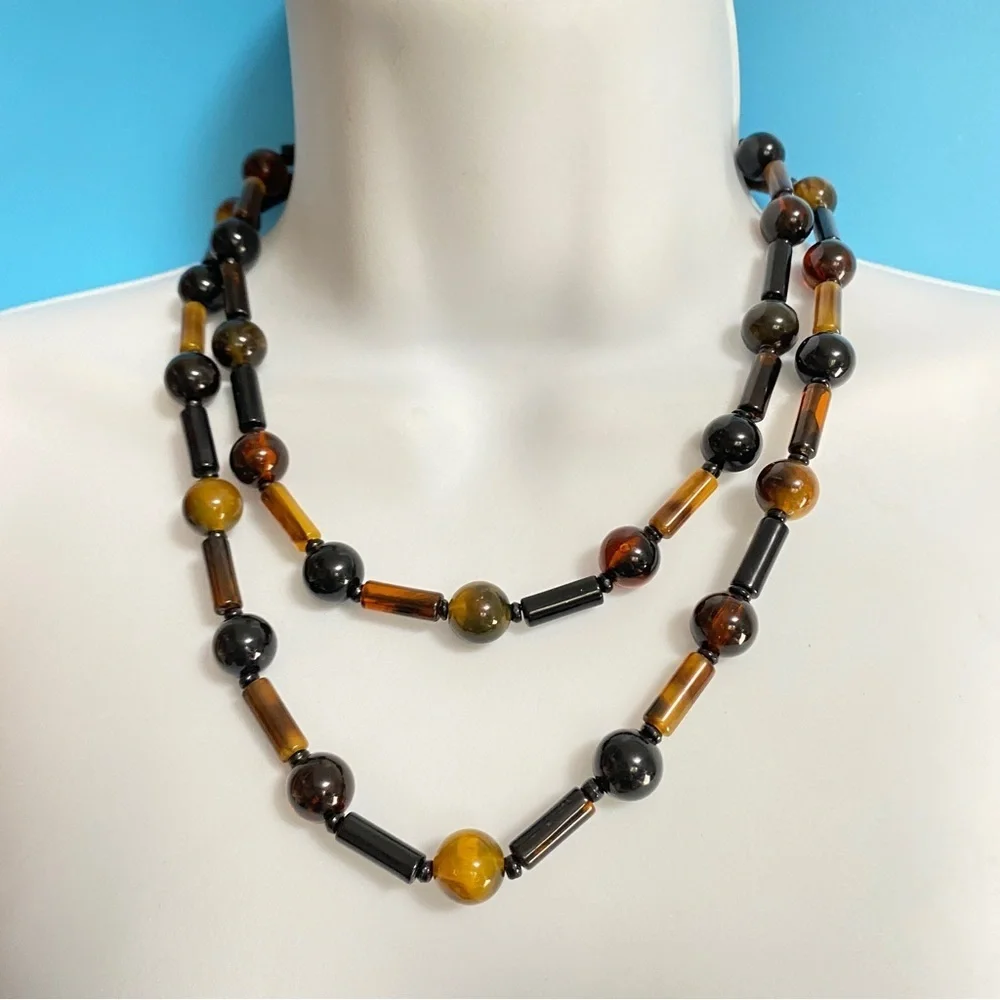 Long Lucite Brown Beads Necklace